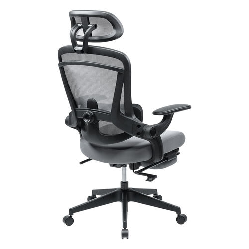 メッシュチェア（オフィスチェア・オットマン付き・ロッキング・跳ね上げアームレスト・ランバーサポート・ヘッドレスト付き・キャスター・グレー）