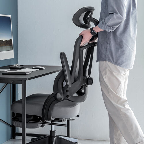 メッシュチェア（オフィスチェア・オットマン付き・ロッキング・跳ね上げアームレスト・ランバーサポート・ヘッドレスト付き・キャスター・グレー）