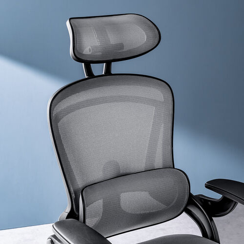 メッシュチェア（オフィスチェア・オットマン付き・ロッキング・跳ね上げアームレスト・ランバーサポート・ヘッドレスト付き・キャスター・グレー）