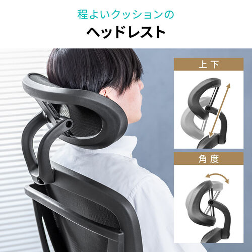 メッシュチェア（オフィスチェア・オットマン付き・ロッキング・跳ね上げアームレスト・ランバーサポート・ヘッドレスト付き・キャスター・グレー）