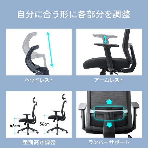 メッシュチェア（ミドルバック・シンクロロッキング・アームレスト・可動ヘッドレスト ）