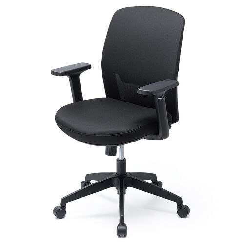 オフィスチェア（メッシュチェア・アームレスト付き・ロッキング・上下調節可能ランバーサポート・ウレタンクッション・ナイロンキャスター・ブラック）