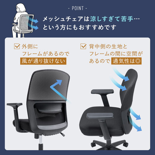 オフィスチェア（メッシュチェア・アームレスト付き・ロッキング・上下調節可能ランバーサポート・ウレタンクッション・ナイロンキャスター・ブラック）