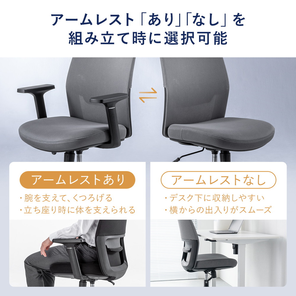 オフィスチェア（メッシュチェア・アームレスト付き・ロッキング・上下調節可能ランバーサポート・ウレタンクッション・ナイロンキャスター）