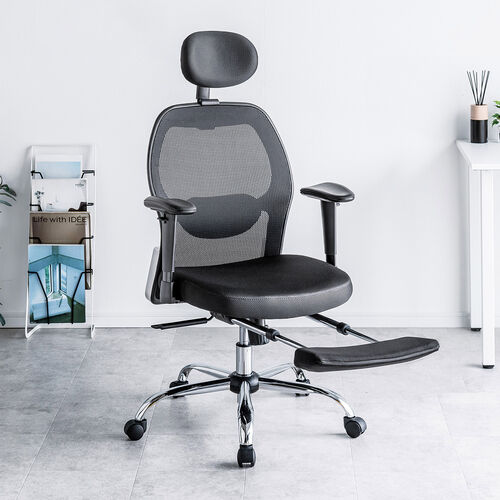 メッシュチェア（全面メッシュ生地・シンクロロッキング・スライド式オットマン・アームレスト・ランバーサポート・ヘッドレスト・耐荷重100kg）