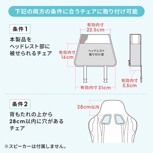 ゲーミングチェア用スピーカーケース（スピーカー取付け用グッズ・ヘッドレスト取り付け・後付けポーチ・収納ポケット付き）