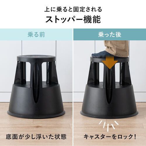 ステップスツール（踏み台・キャスター付き・ストッパー機能付き・高さ41.5cm・2段タイプ・スタッキング可能・耐荷重150kg・高耐久・ブラック）