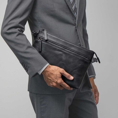 サコッシュ（本革・4WAY・ショルダーバッグ・薄型・iPad 11インチ対応・クラッチバッグ・肩掛け・バッグ・スマホポーチ・メンズ・ブラック）