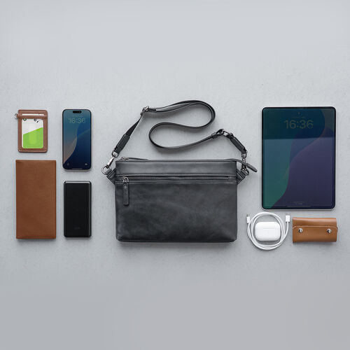 サコッシュ（本革・4WAY・ショルダーバッグ・薄型・iPad 11インチ対応・クラッチバッグ・肩掛け・バッグ・スマホポーチ・メンズ・ブラック）