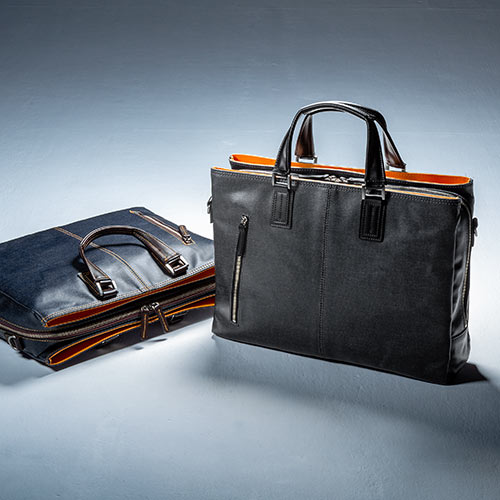 バッグ（日本製・豊岡縫製・国産素材岡山デニム使用・ビジネス・ショルダー・ダブル収納・三方ファスナー・ブラック）