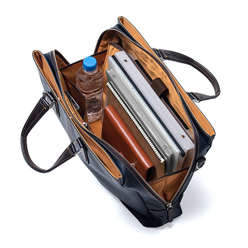 バッグ（日本製・豊岡縫製・国産素材岡山デニム使用・ビジネス・ショルダー・ダブル収納・三方ファスナー・ネイビー）