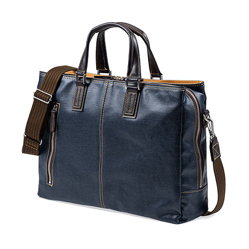 バッグ（日本製・豊岡縫製・国産素材岡山デニム使用・ビジネス・ショルダー・ダブル収納・三方ファスナー・ネイビー）