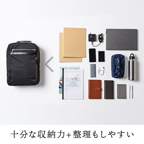 リュック（メンズ・ビジネス・自立・日本製・鎧布生地・ダブルルーム・18L・ブラック）