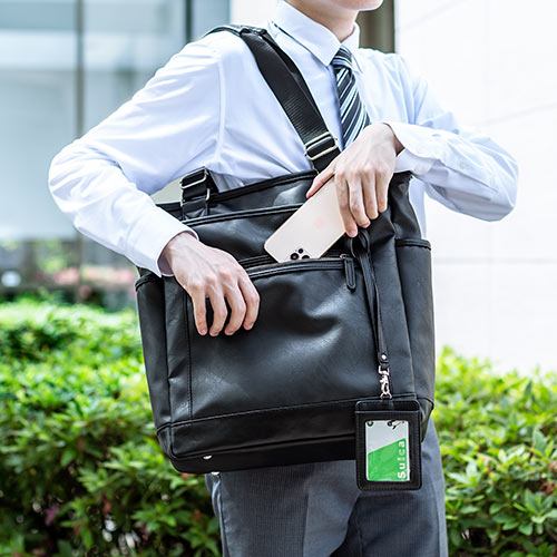 トートバッグ（メンズ・ビジネス・A4・手持ち・肩掛け・リュック・PUレザー・通勤・通学・ブラック）