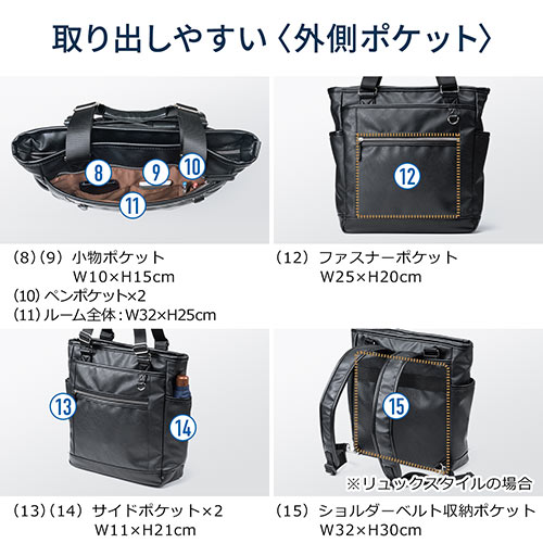 トートバッグ（メンズ・ビジネス・A4・手持ち・肩掛け・リュック・PUレザー・通勤・通学・ブラック）