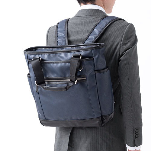 トートバッグ（メンズ・ビジネス・A4・手持ち・肩掛け・リュック・PUレザー・通勤・通学・ネイビー）