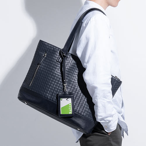 トートバッグ（合皮・大きめ/大容量・A4収納・網目・イントレチャート・ネイビー）