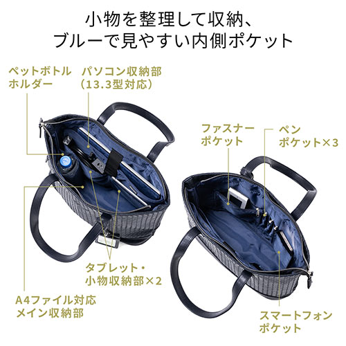 トートバッグ（合皮・大きめ/大容量・A4収納・網目・イントレチャート・ネイビー）