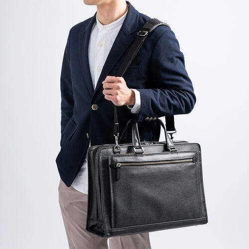 ビジネスバッグ（日本製・岡山デニム・2WAY・手持ち・肩掛け・ショルダー・防水加工生地・A4対応・14ポケット・ブラック）