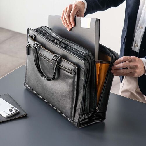 ビジネスバッグ（日本製・岡山デニム・2WAY・手持ち・肩掛け・ショルダー・防水加工生地・A4対応・14ポケット・ブラック）