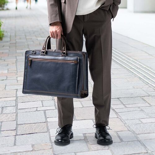 ビジネスバッグ（日本製・岡山デニム・2WAY・手持ち・肩掛け・ショルダー・防水加工生地・A4対応・14ポケット・ネイビー）