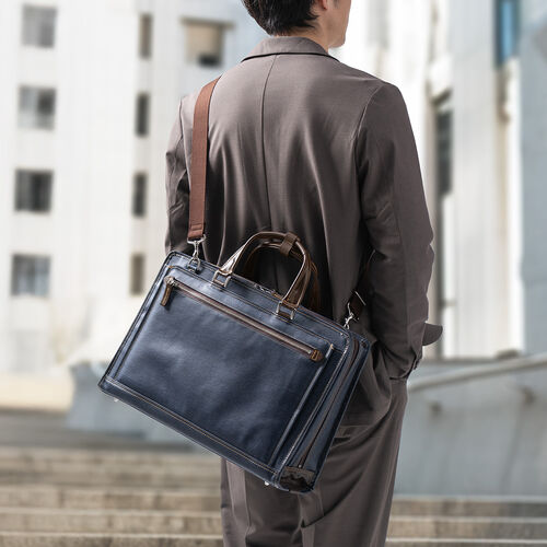 ビジネスバッグ（日本製・岡山デニム・2WAY・手持ち・肩掛け・ショルダー・防水加工生地・A4対応・14ポケット・ネイビー）