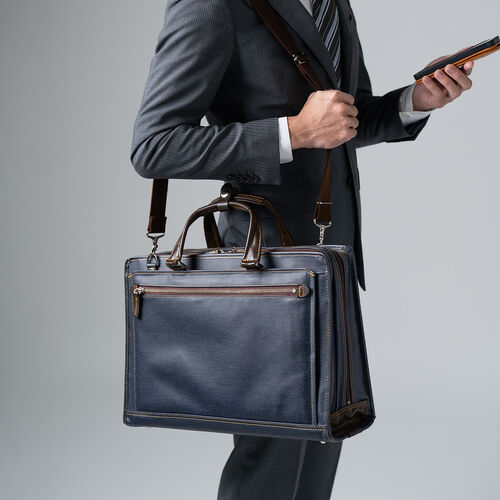 ビジネスバッグ（日本製・岡山デニム・2WAY・手持ち・肩掛け・ショルダー・防水加工生地・A4対応・14ポケット・ネイビー）