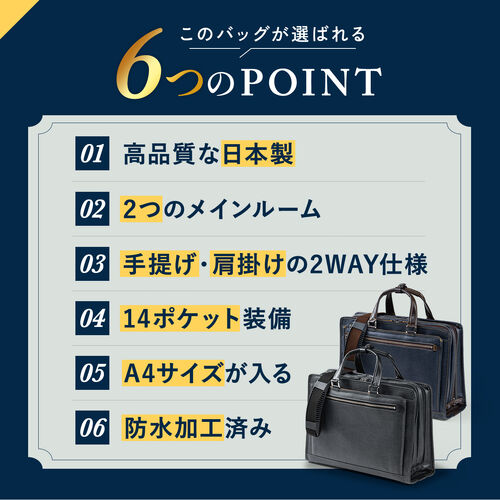 ビジネスバッグ（日本製・岡山デニム・2WAY・手持ち・肩掛け・ショルダー・防水加工生地・A4対応・14ポケット・ネイビー）