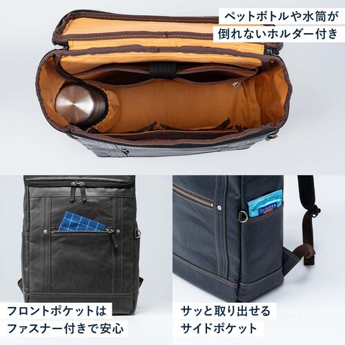 ビジネスリュック（日本製・岡山デニム・ボックスパック・スクエア形状・手持ち・防水加工生地・A4対応・12ポケット・通勤・通学・多機能・メンズ・ネイビー）