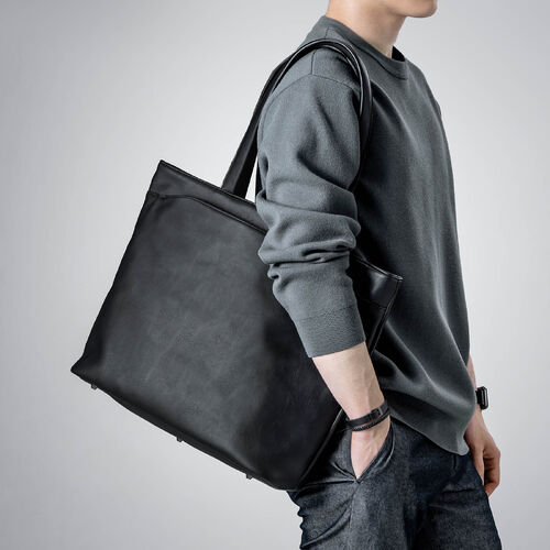 トートバッグ（メンズ・PUレザー・ビジネスバッグ・ノートPC14型対応・カジュアル・シンプル・ファスナー付き・通勤・通学・おしゃれ・レディース・合成皮革・A4・ブラック）