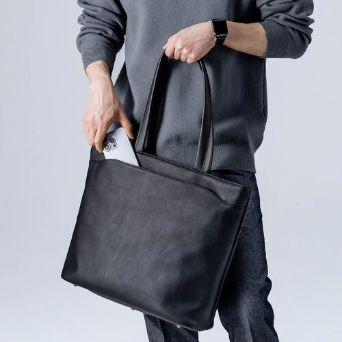 トートバッグ（メンズ・PUレザー・ビジネスバッグ・ノートPC14型対応・カジュアル・シンプル・ファスナー付き・通勤・通学・おしゃれ・レディース・合成皮革・A4・ブラック）