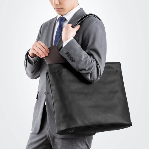 トートバッグ（メンズ・PUレザー・ビジネスバッグ・ノートPC14型対応・カジュアル・シンプル・ファスナー付き・通勤・通学・おしゃれ・レディース・合成皮革・A4・ブラック）