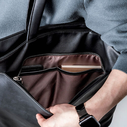 トートバッグ（メンズ・PUレザー・ビジネスバッグ・ノートPC14型対応・カジュアル・シンプル・ファスナー付き・通勤・通学・おしゃれ・レディース・合成皮革・A4・ブラック）