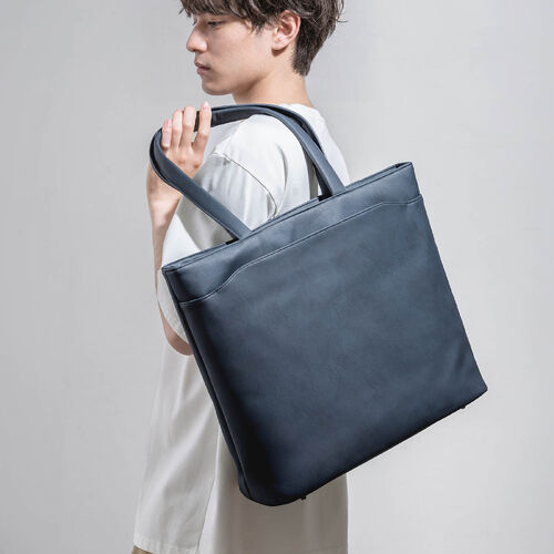 トートバッグ（メンズ・PUレザー・ビジネスバッグ・ノートPC14型対応・カジュアル・シンプル・ファスナー付き・通勤・通学・おしゃれ・レディース・合成皮革・A4・ネイビー）