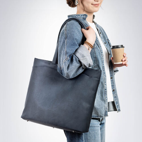 トートバッグ（メンズ・PUレザー・ビジネスバッグ・ノートPC14型対応・カジュアル・シンプル・ファスナー付き・通勤・通学・おしゃれ・レディース・合成皮革・A4・ネイビー）
