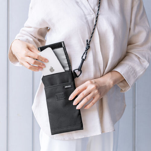 ショルダースマホポーチ（軽量ショルダースマホケース・パスポート収納・小銭入れ・面ファスナー・ショルダーバッグ・ネックポーチ・ブラック）