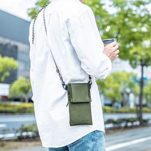 ショルダースマホポーチ（軽量ショルダースマホケース・パスポート収納・小銭入れ・面ファスナー・ショルダーバッグ・ネックポーチ・カーキ）