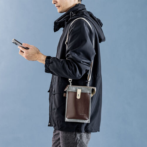 スマホポーチ（ベルトポーチ・ショルダーポーチ・サコッシュ・メンズ・ グレー/ダークブラウン）