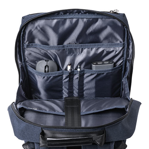 ビジネスリュック 薄型 小型 防水カバー付 背面ポケット搭載 薄マチ 通勤 ネイビー