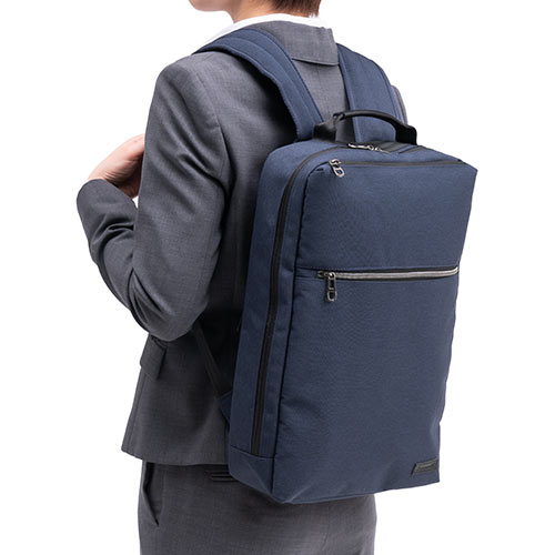 ビジネスリュック 薄型 小型 防水カバー付 背面ポケット搭載 薄マチ 通勤 ネイビー