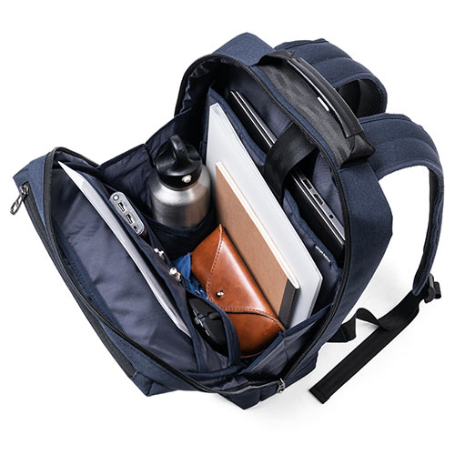 ビジネスリュック 薄型 小型 防水カバー付 背面ポケット搭載 薄マチ 通勤 ネイビー