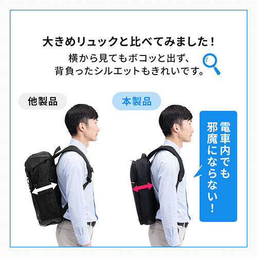 ビジネスリュック 薄型 小型 防水カバー付 背面ポケット搭載 薄マチ 通勤 ネイビー