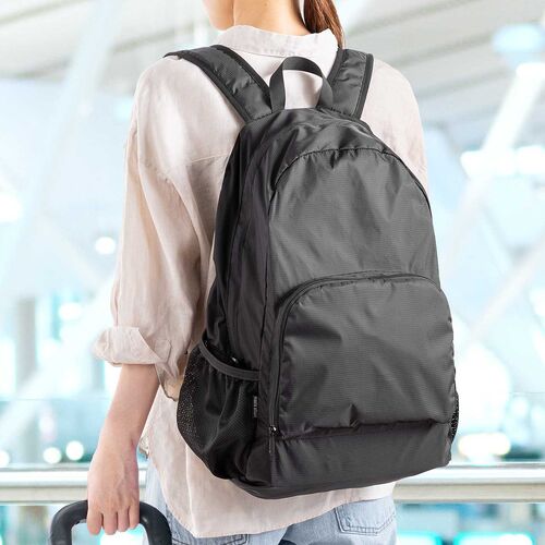 折りたたみリュック（Lサイズ・23L・サブバッグ・エコバッグ・折りたたみバックパック・コンパクトリュック・ポケッタブルリュック・圧縮・撥水・ブラック）