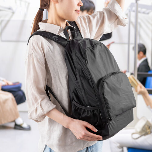 折りたたみリュック（Lサイズ・23L・サブバッグ・エコバッグ・折りたたみバックパック・コンパクトリュック・ポケッタブルリュック・圧縮・撥水・ブラック）