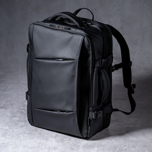 リュック（マチ拡張・ビジネス・大容量 22L～35L・PCリュック・シンプル・PUコーティング・耐水・撥水・多機能・バックパック・メンズ・旅行・出張・ブラック）