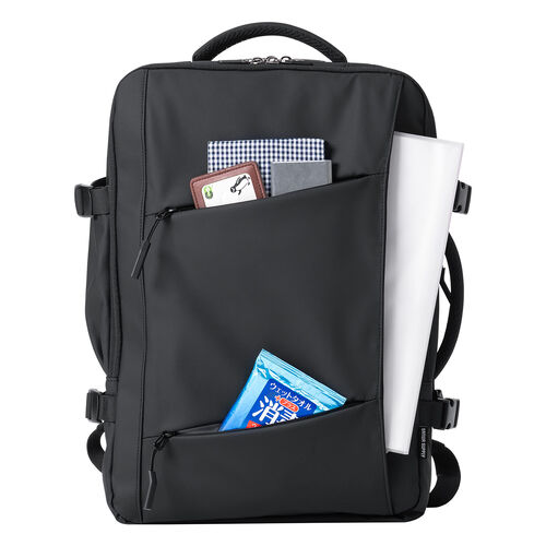 リュック（マチ拡張・ビジネス・大容量 22L～35L・PCリュック・シンプル・PUコーティング・耐水・撥水・多機能・バックパック・メンズ・旅行・出張・ブラック）