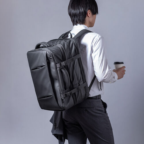 リュック（マチ拡張・ビジネス・大容量 22L～35L・PCリュック・シンプル・PUコーティング・耐水・撥水・多機能・バックパック・メンズ・旅行・出張・ブラック）