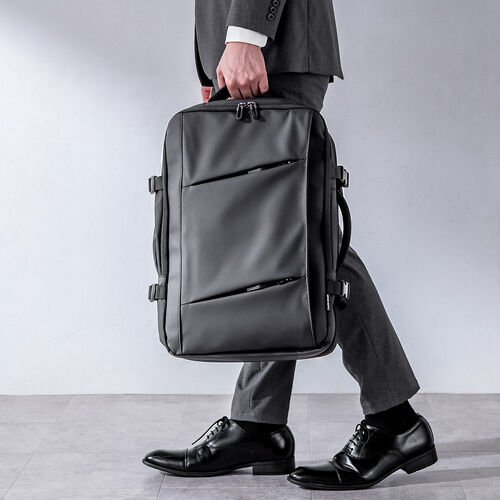 リュック（マチ拡張・ビジネス・大容量 22L～35L・PCリュック・シンプル・PUコーティング・耐水・撥水・多機能・バックパック・メンズ・旅行・出張・ブラック）