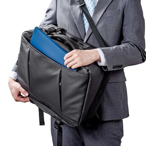 リュック（マチ拡張・ビジネス・大容量 22L～35L・PCリュック・シンプル・PUコーティング・耐水・撥水・多機能・バックパック・メンズ・旅行・出張・ブラック）