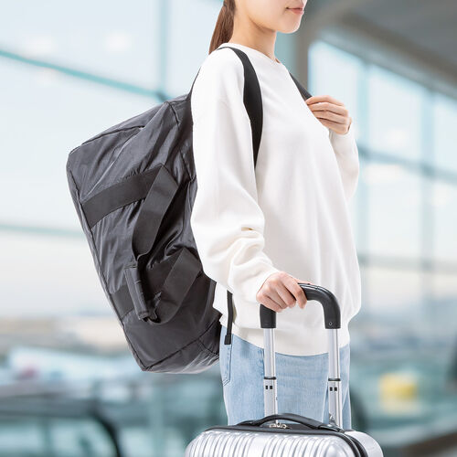 折りたたみボストンバッグ（リュック・32L・コンパクト・エコバッグ・マイバッグ・撥水・軽量・大容量・旅行・サブバッグ・ブラック）